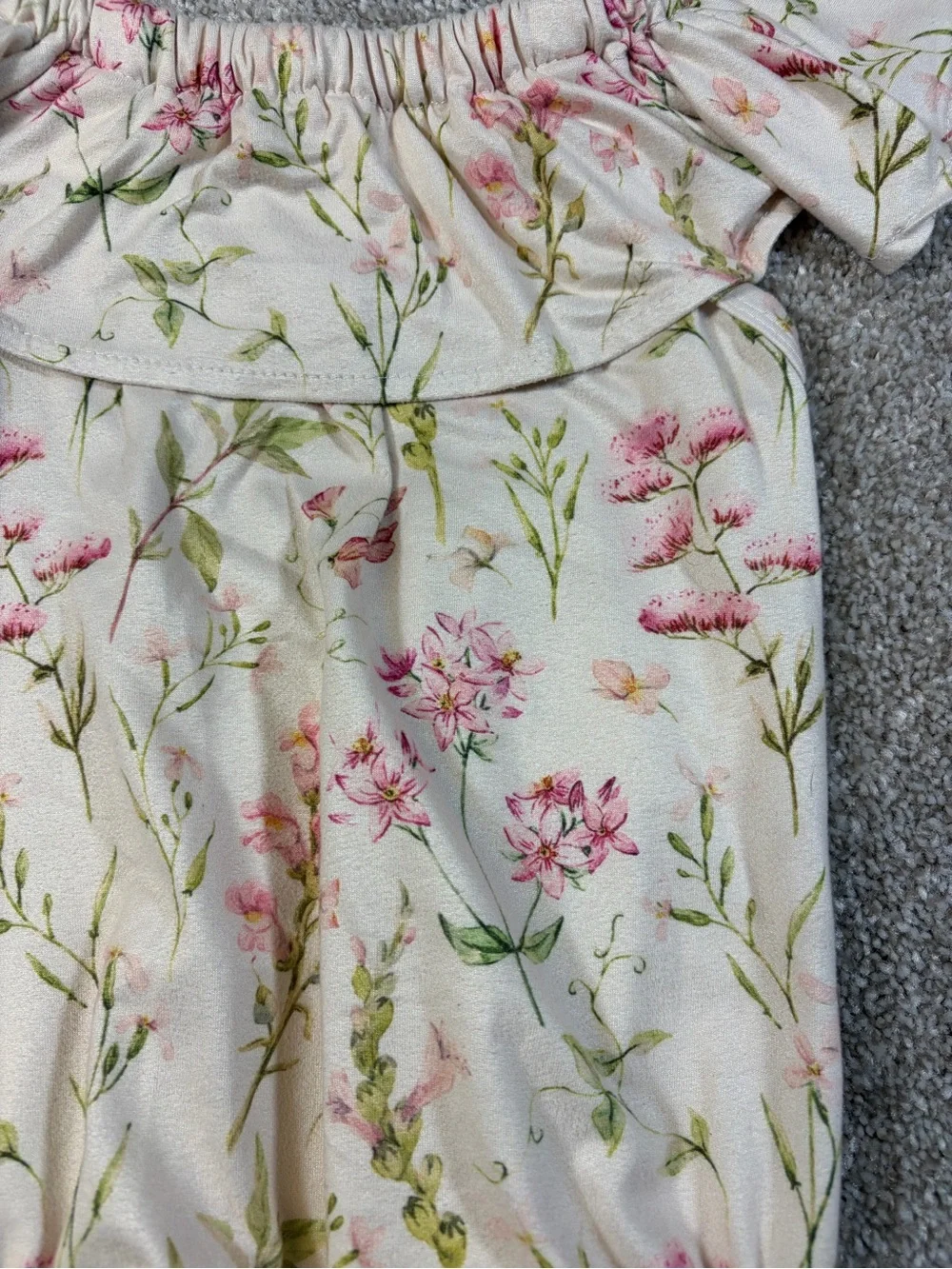 Baileys Blossoms Off-Shoulder Floral Baby Romper in Cream and Pink